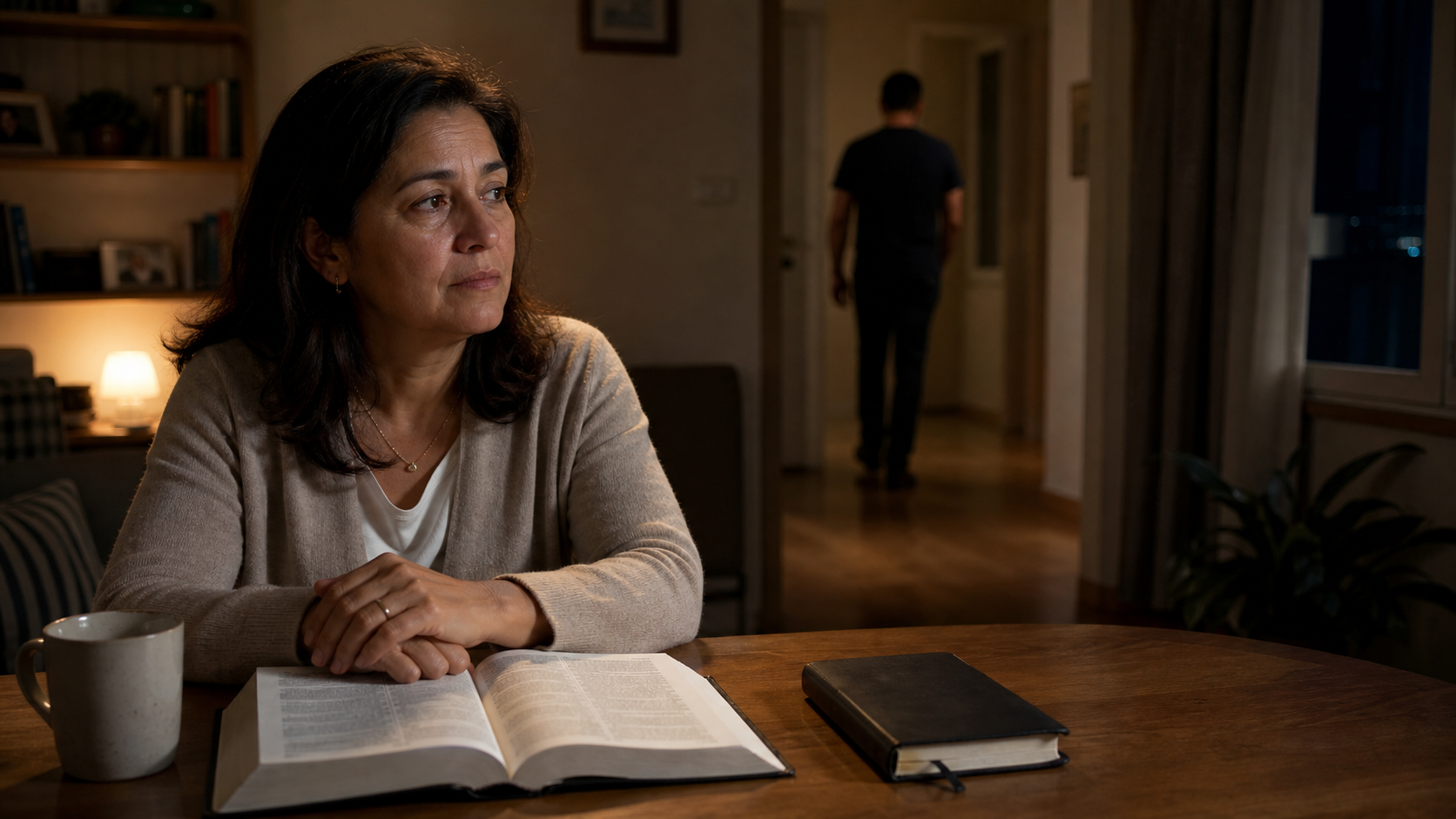 Madre reflexionando en silencio junto a la Biblia abierta